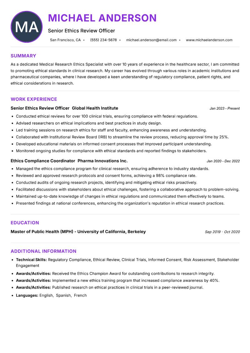 Medical Research Ethics Specialist Resume Preview Example