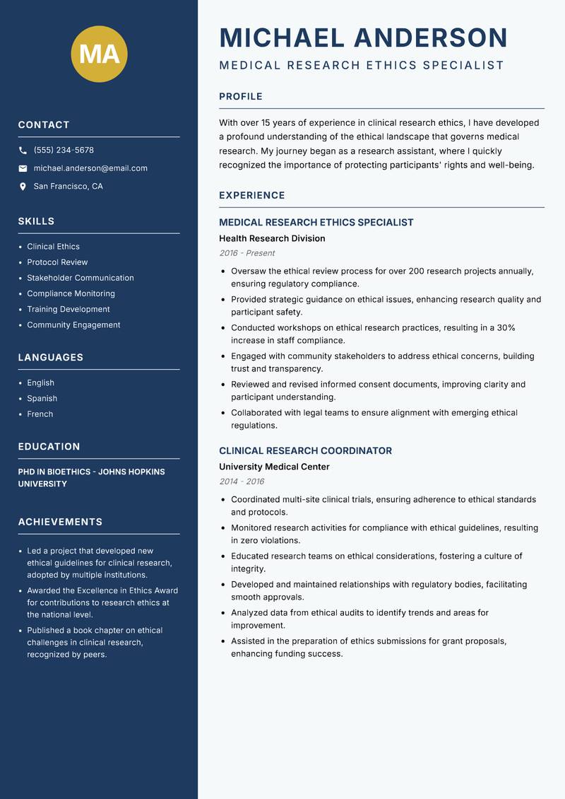 Medical Research Ethics Specialist Resume Preview Example