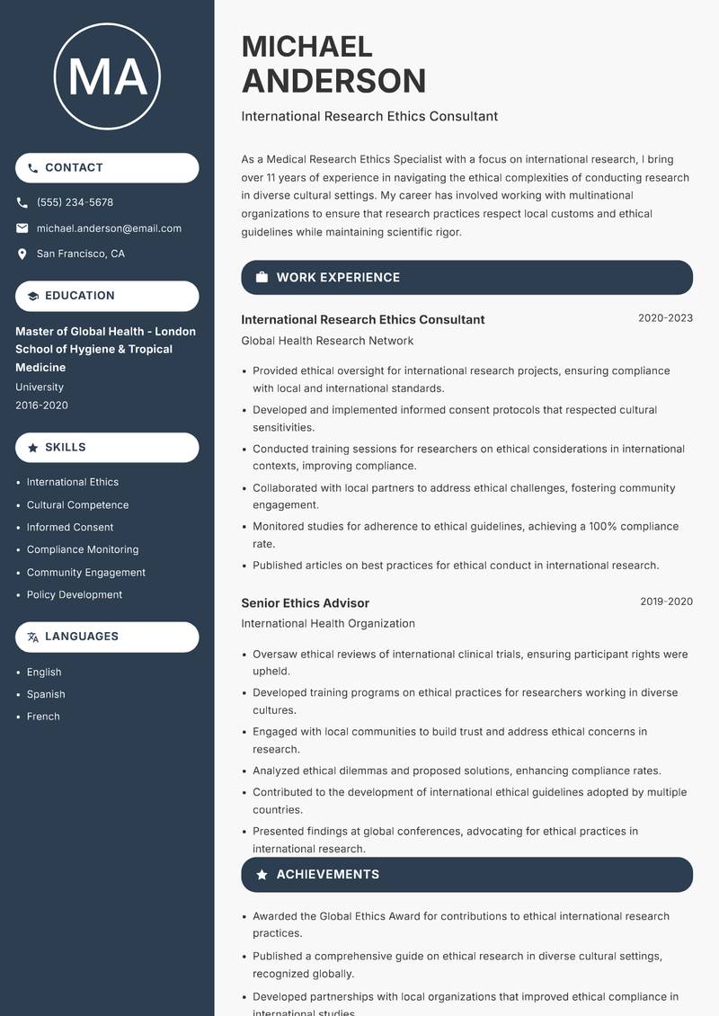 Medical Research Ethics Specialist Resume Preview Example