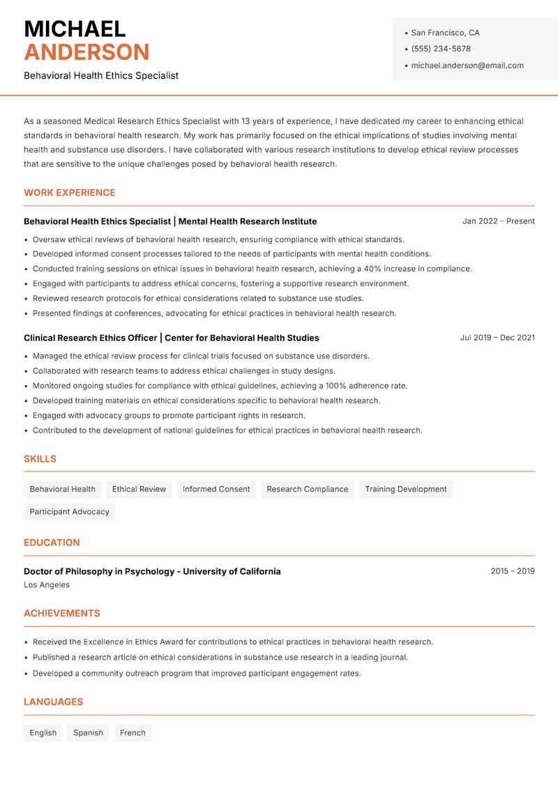 Medical Research Ethics Specialist Resume Template