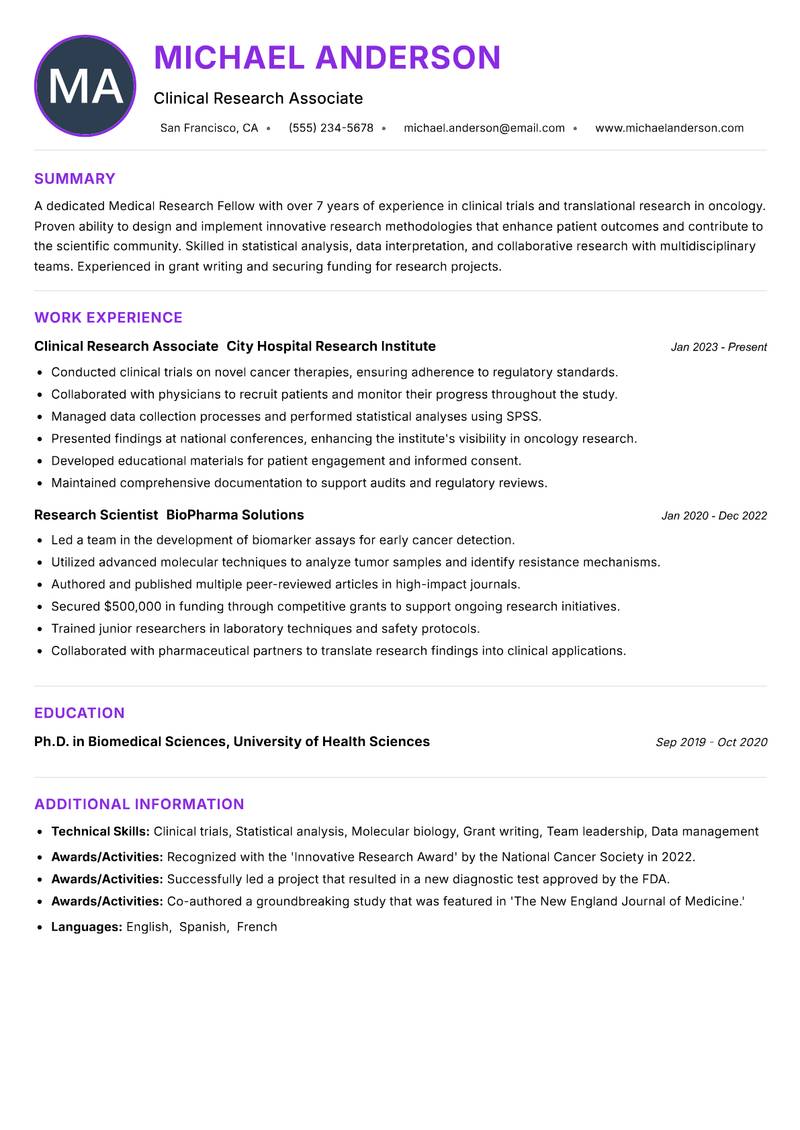 Medical Research Fellow Resume Preview Example