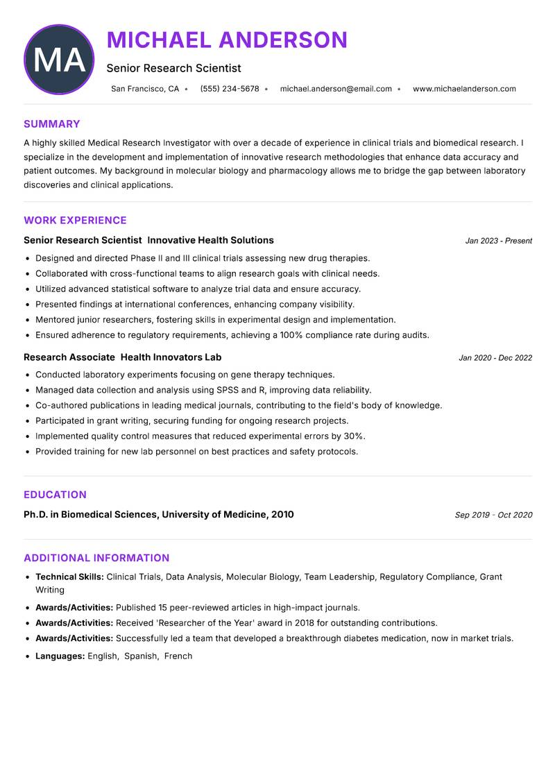 Medical Research Investigator Resume Preview Example