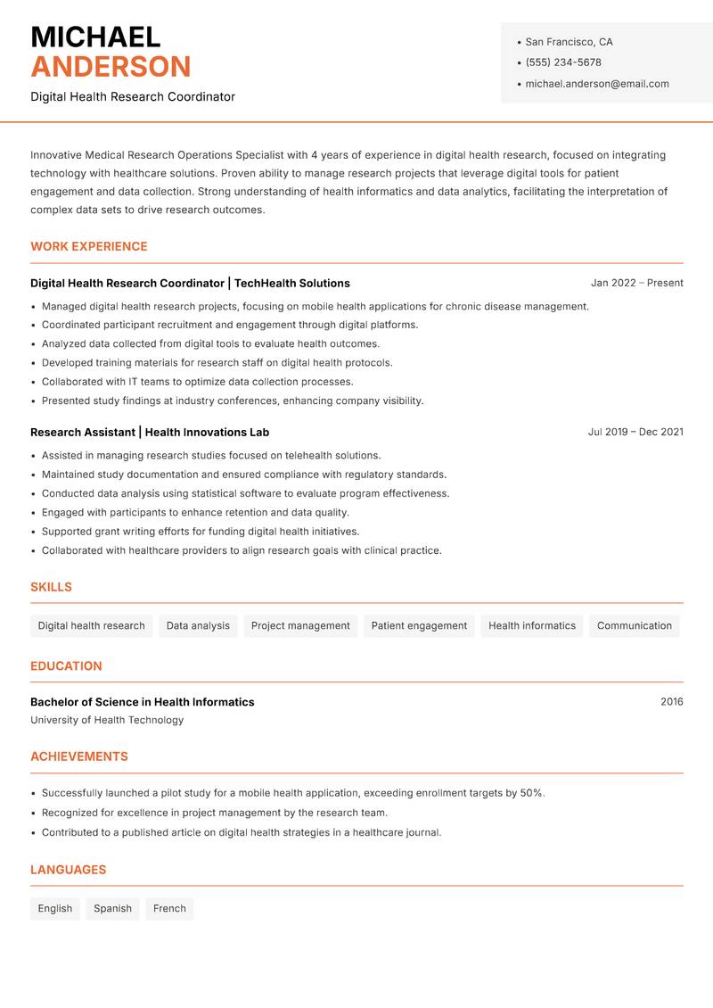 Medical Research Operations Specialist Resume Template