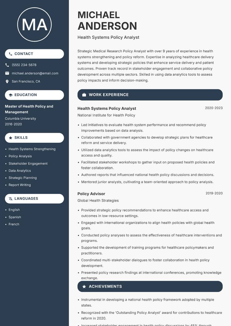 Medical Research Policy Analyst Resume Preview Example