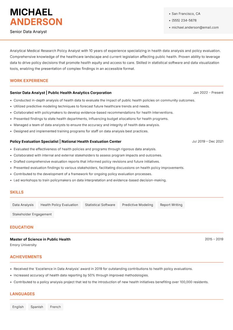 Medical Research Policy Analyst Resume Template