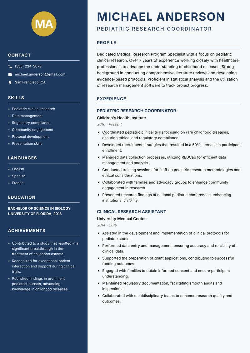 Medical Research Program Specialist Resume Preview Example