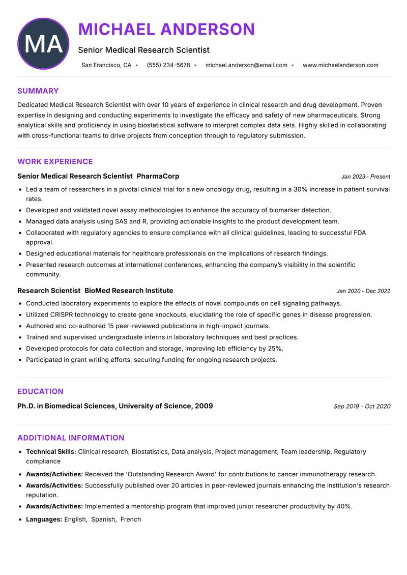 Medical Research Scientist Resume Preview Example