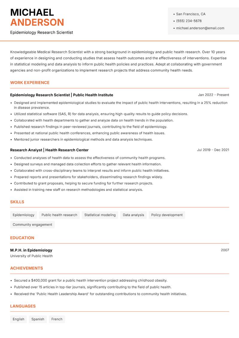 Medical Research Scientist Resume Template