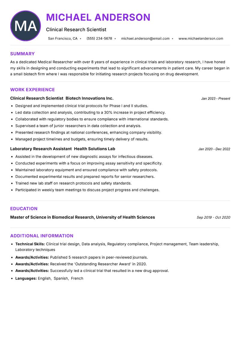 Medical Researcher Resume Preview Example