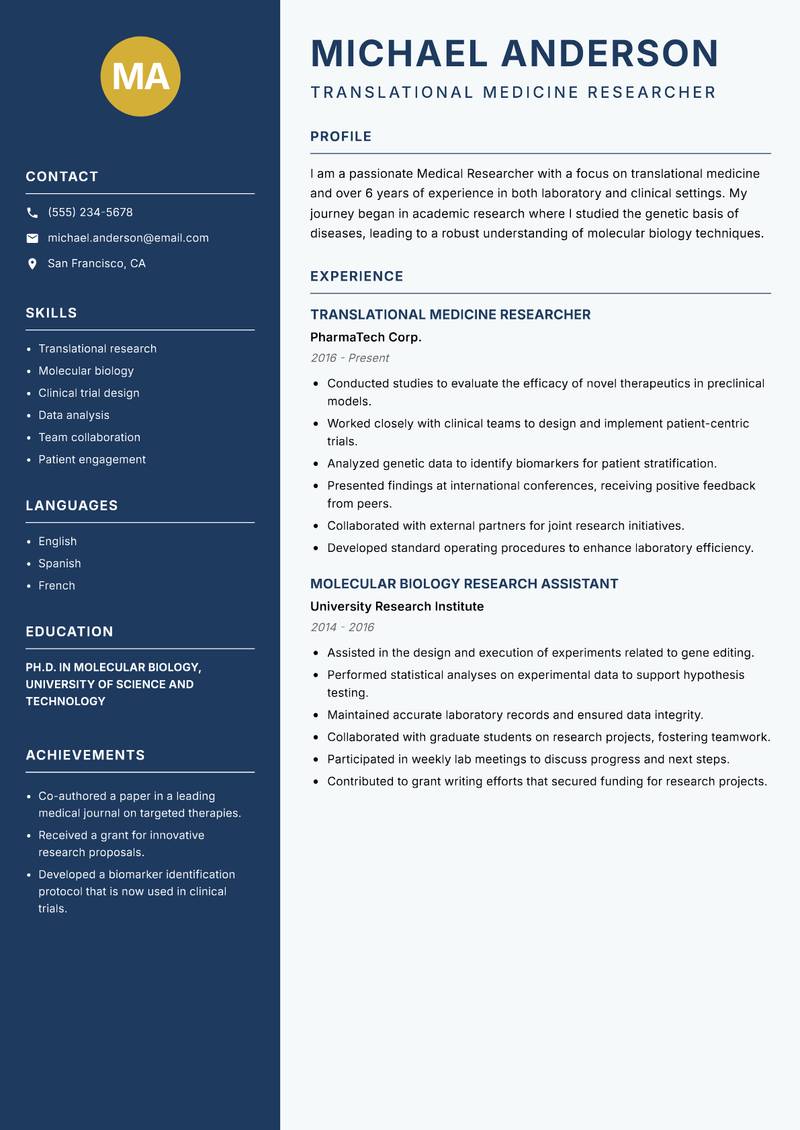 Medical Researcher Resume Preview Example