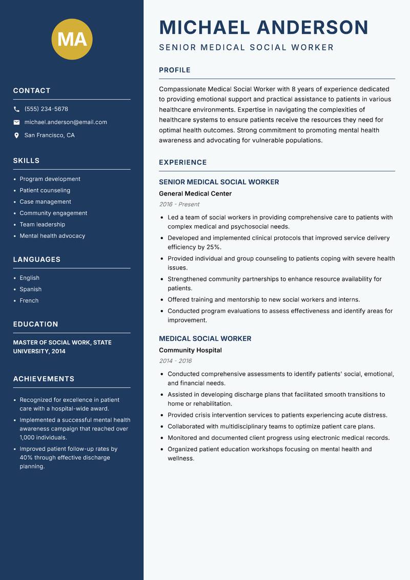 Medical Social Worker Resume Preview Example