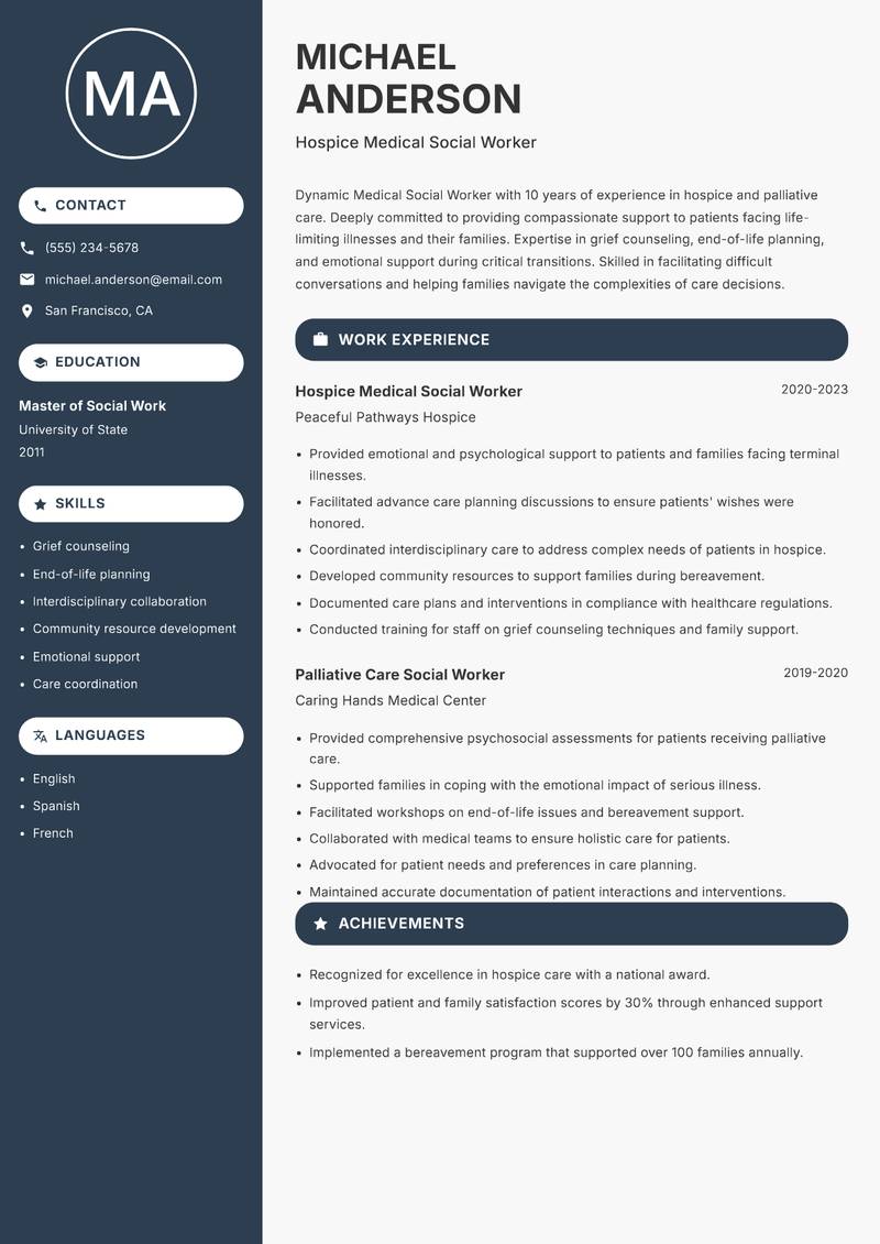 Medical Social Worker Resume Preview Example