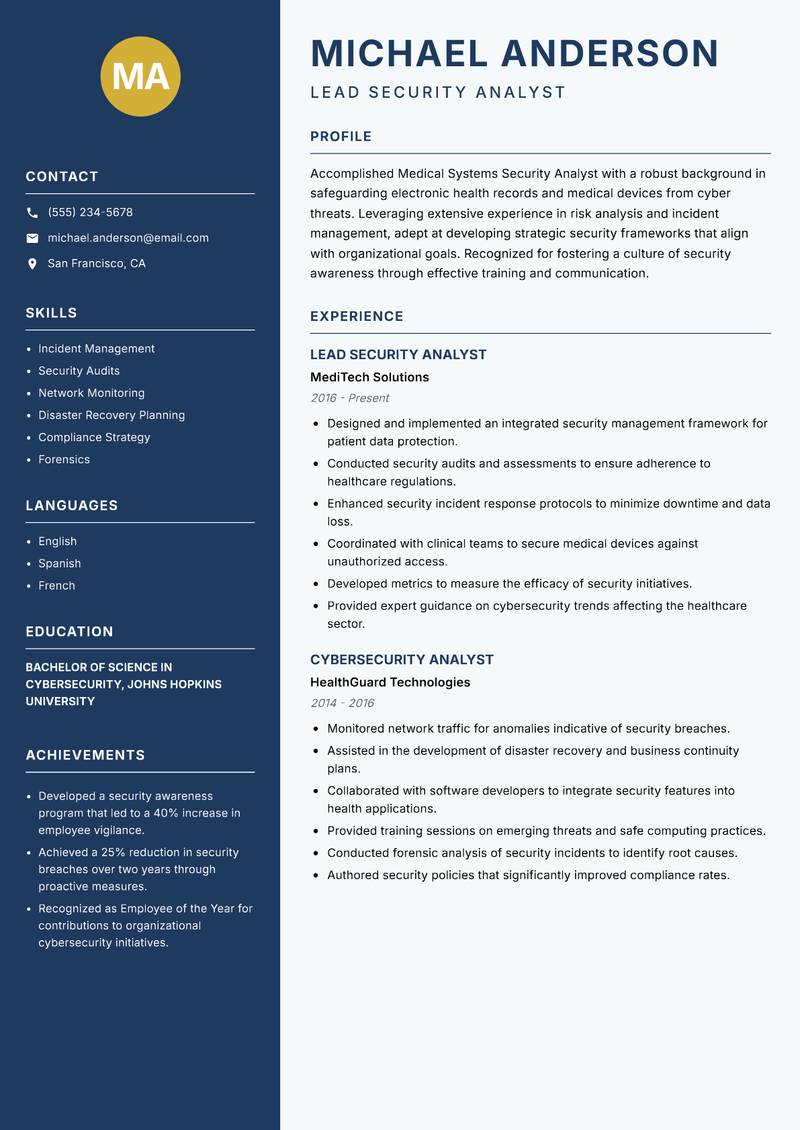 Medical Systems Security Analyst Resume Preview Example
