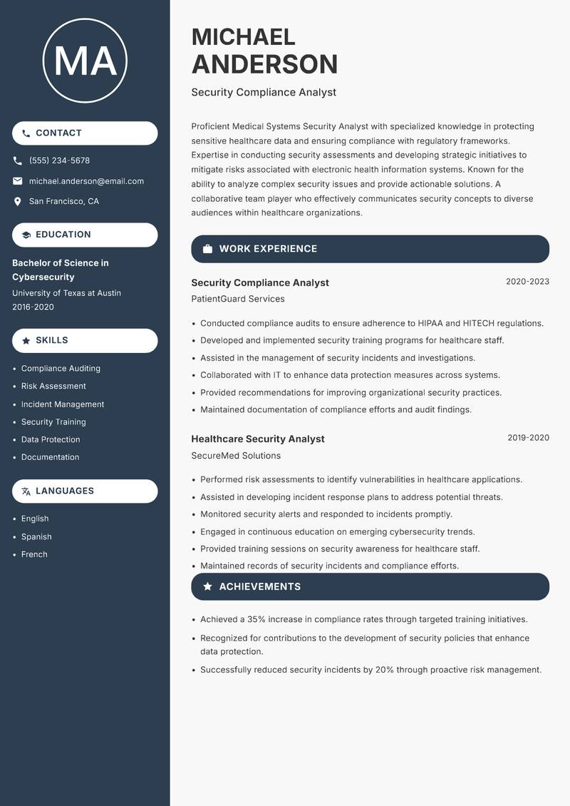 Medical Systems Security Analyst Resume Preview Example