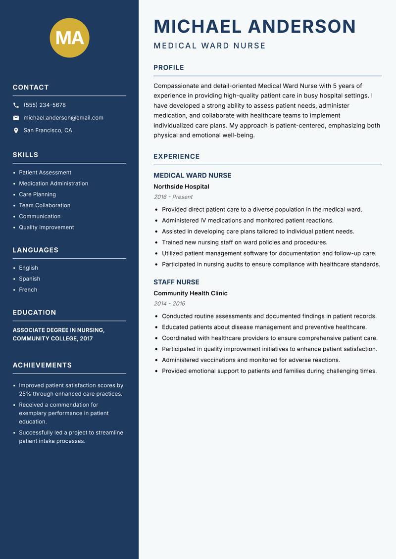 Medical Ward Nurse Resume Preview Example