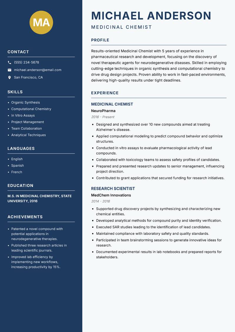 Medicinal Chemist Resume Preview Example