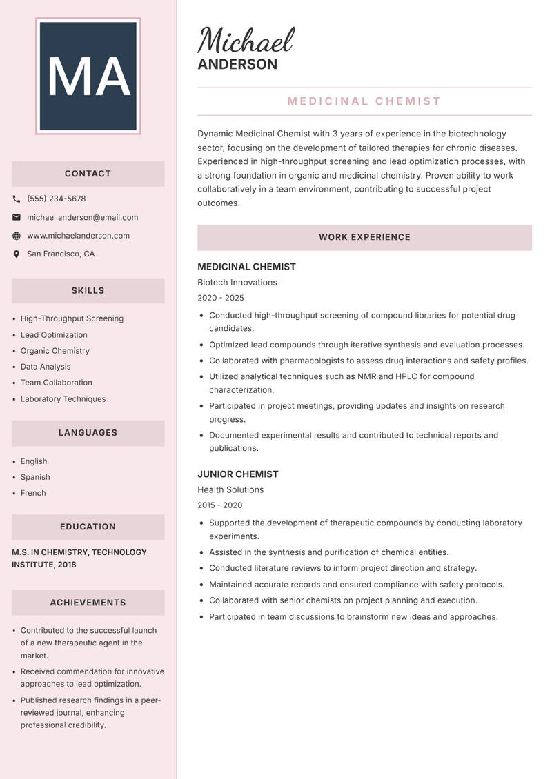 Medicinal Chemist Resume Preview Example
