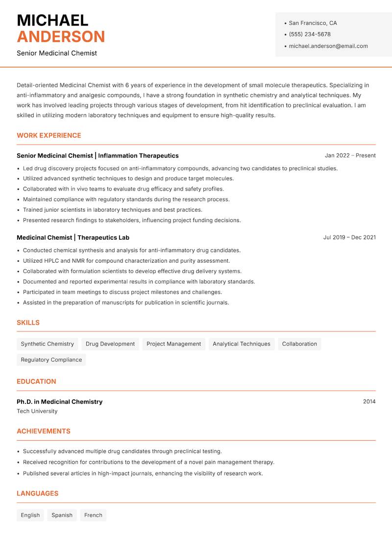 Medicinal Chemist Resume Template