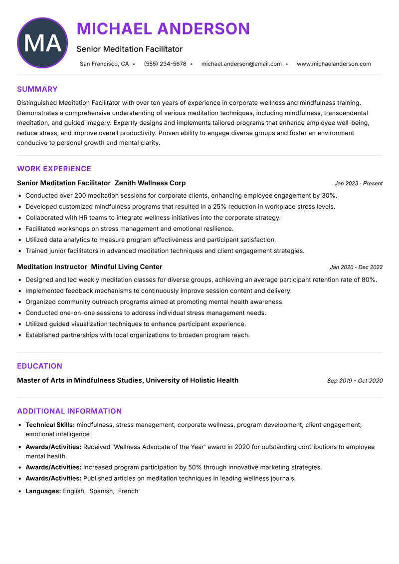 Meditation Facilitator Resume Preview Example