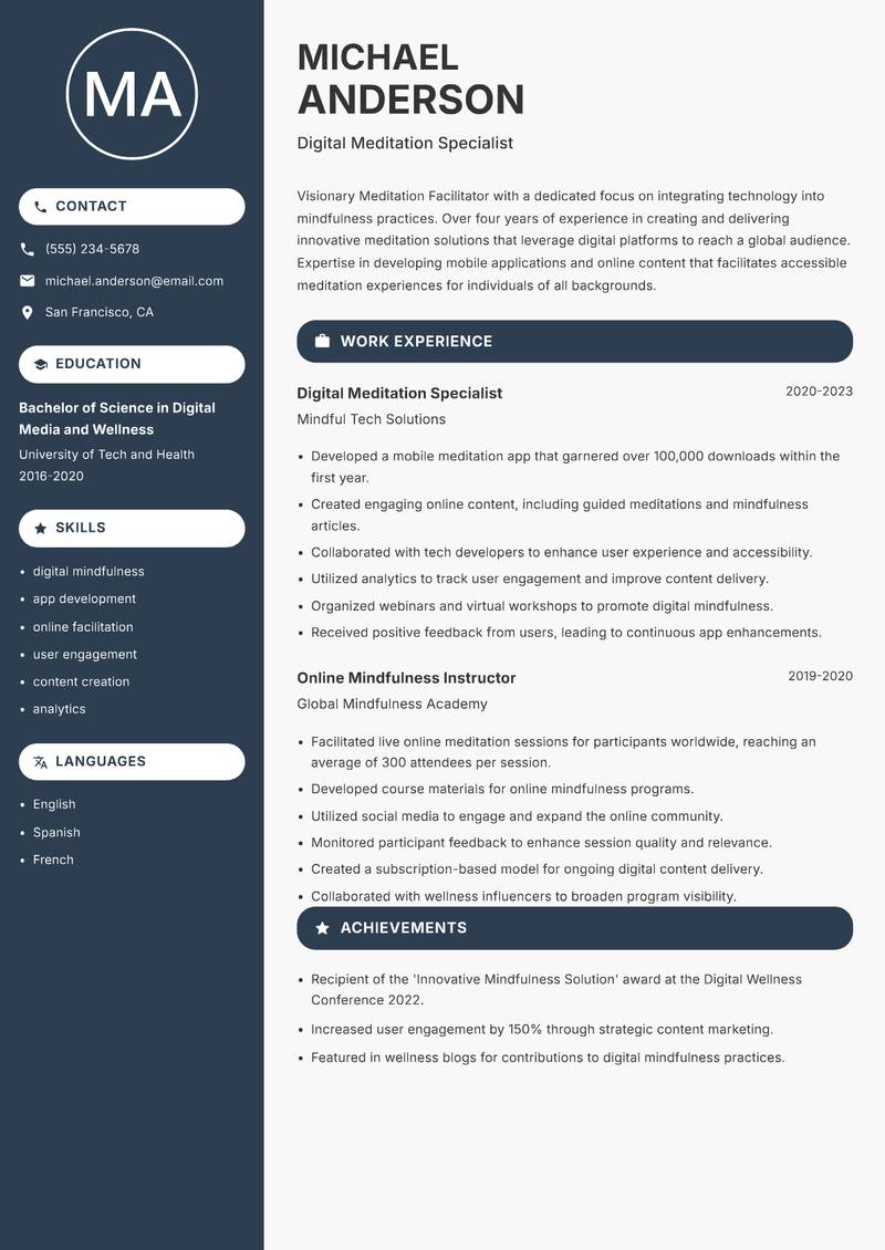 Meditation Facilitator Resume Preview Example