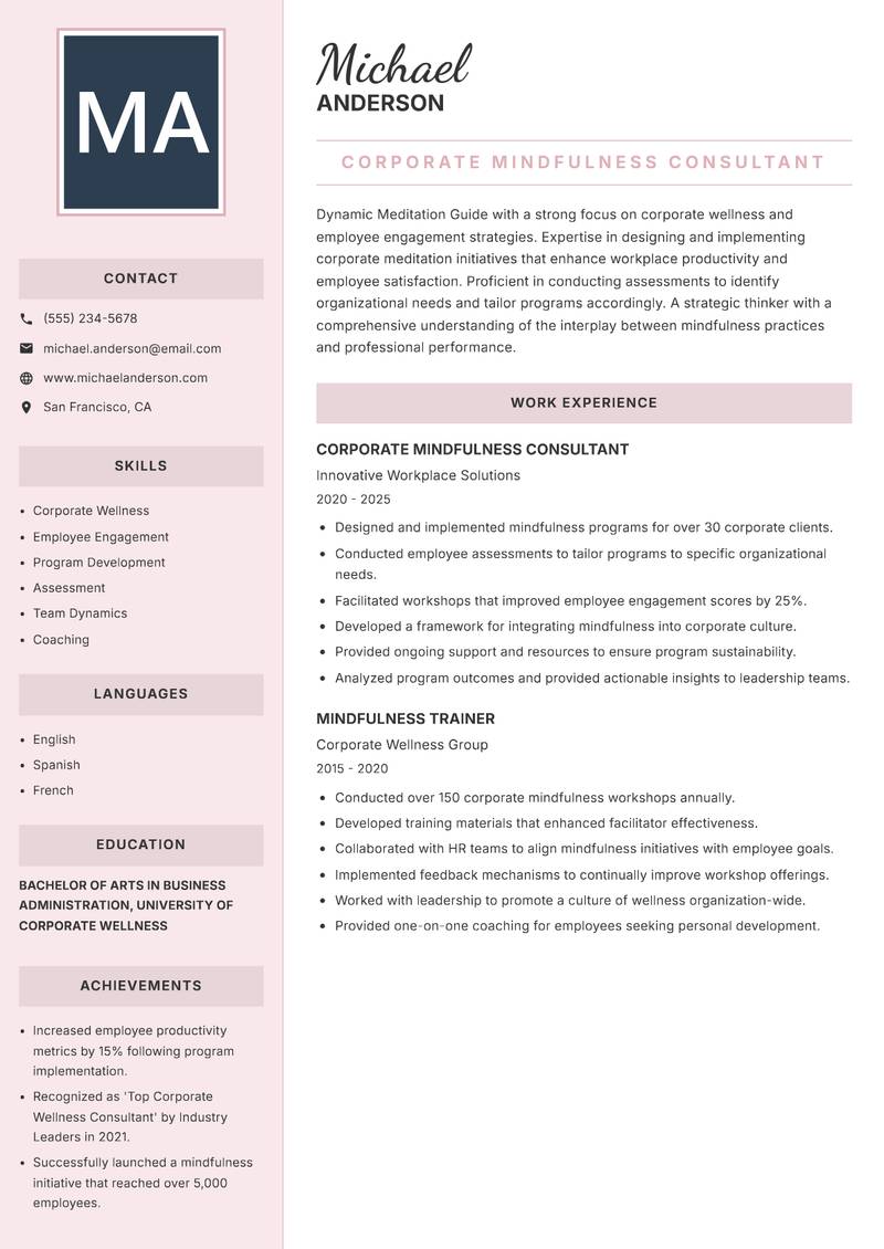 Meditation Guide Resume Preview Example