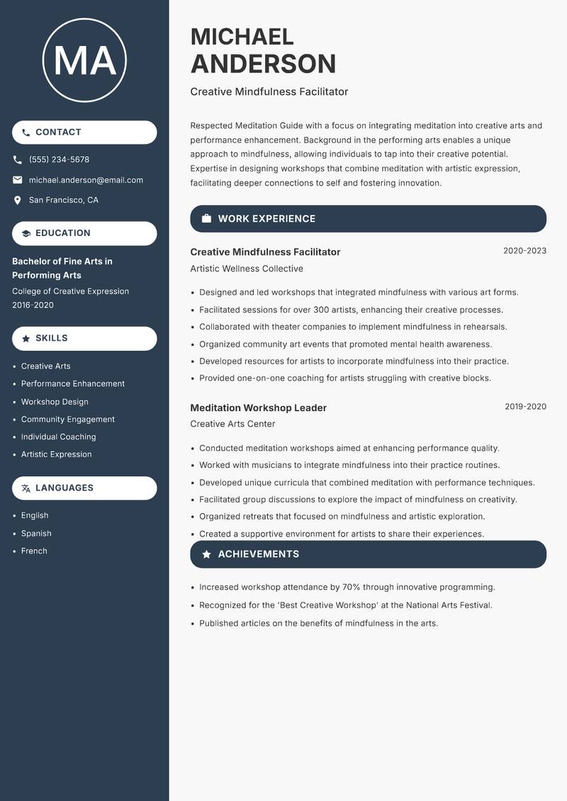 Meditation Guide Resume Preview Example