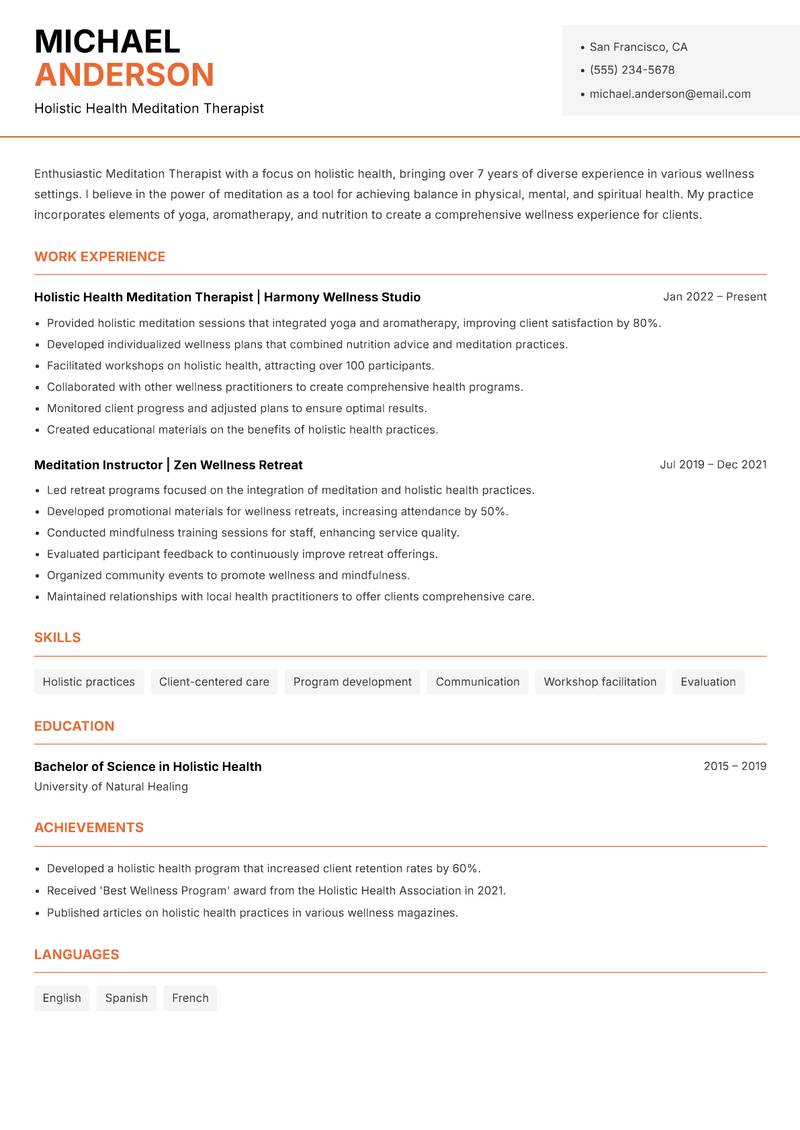 Meditation Therapist Resume Template