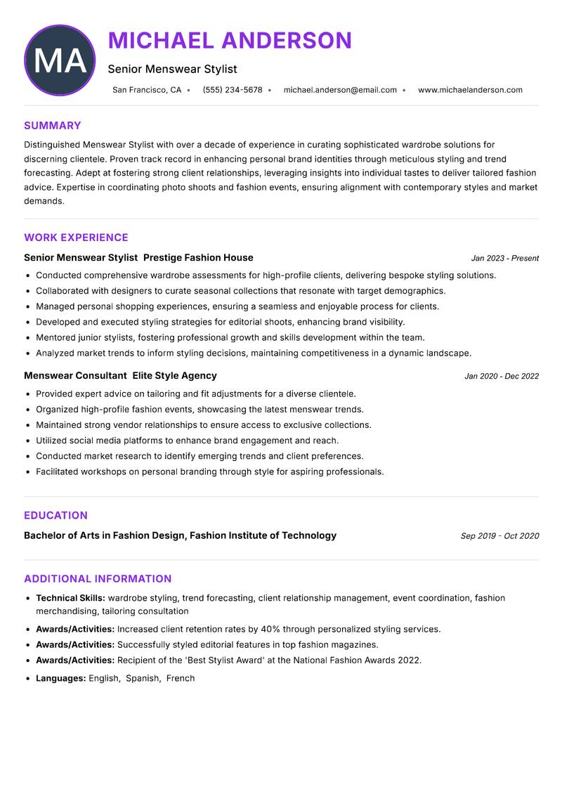 Menswear Stylist Resume Preview Example