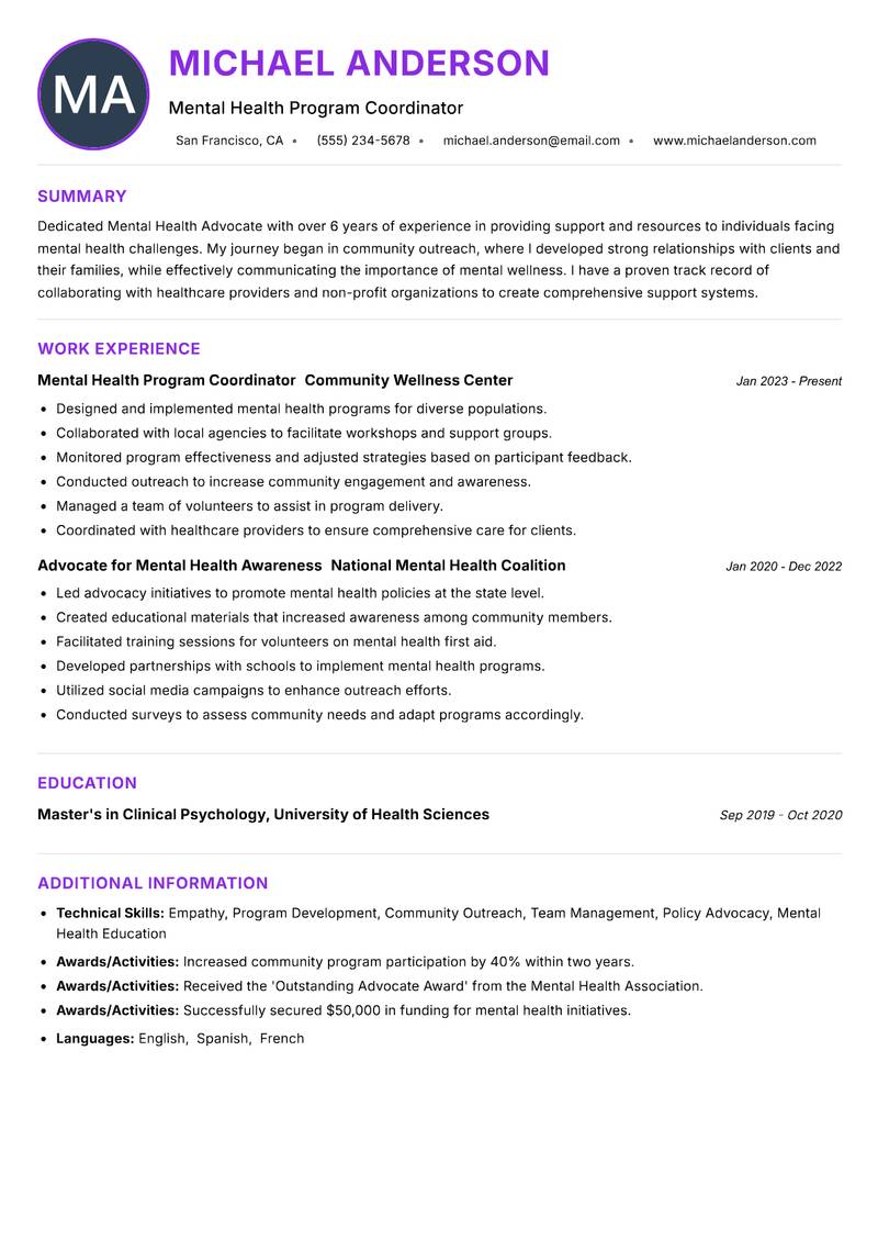 Mental Health Advocate Resume Preview Example