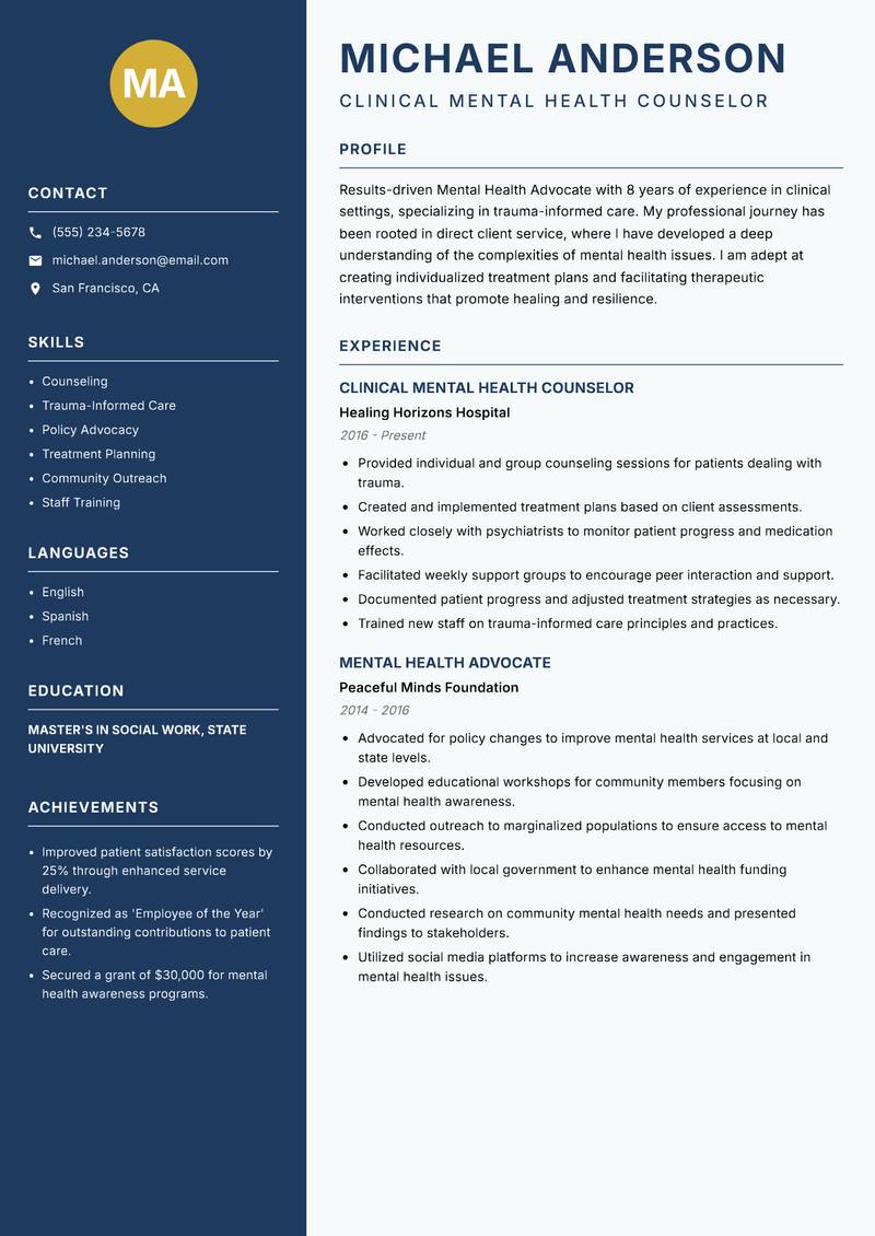 Mental Health Advocate Resume Preview Example
