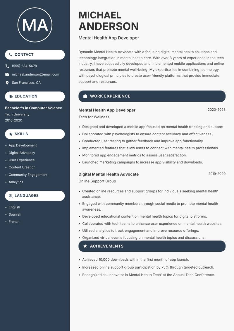 Mental Health Advocate Resume Preview Example