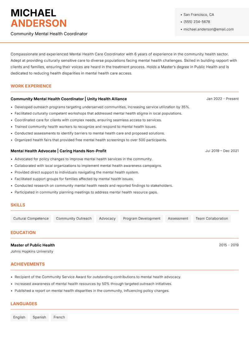 Mental Health Care Coordinator Resume Template
