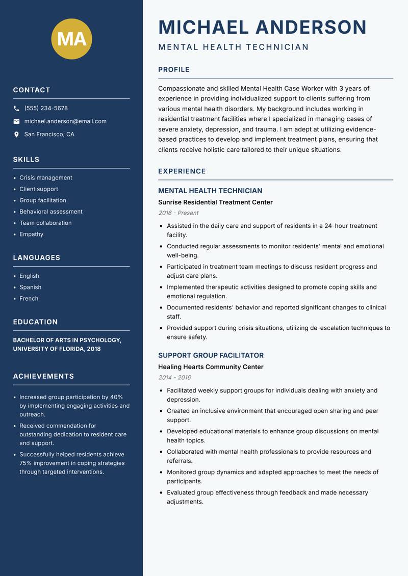 Mental Health Case Worker Resume Preview Example
