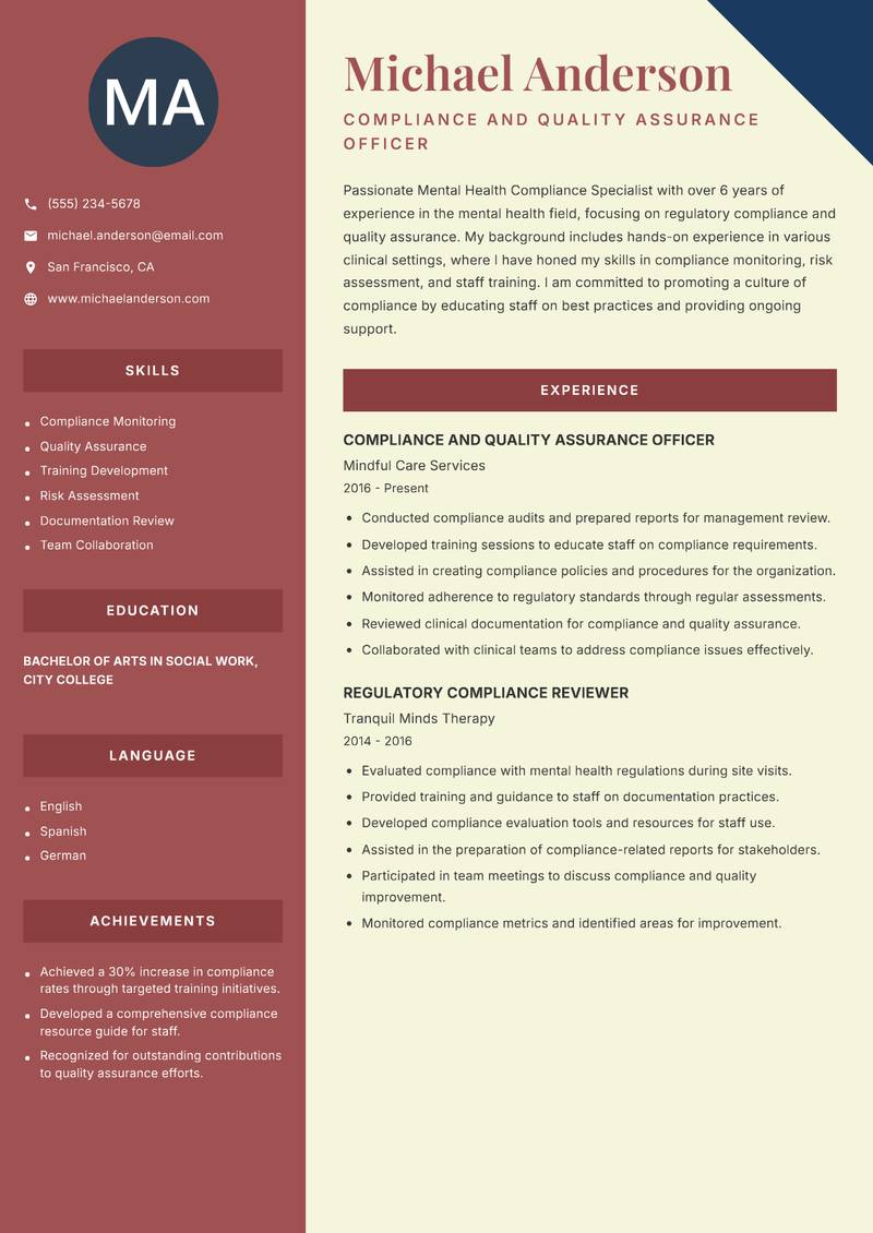 Mental Health Compliance Specialist Resume Preview Example