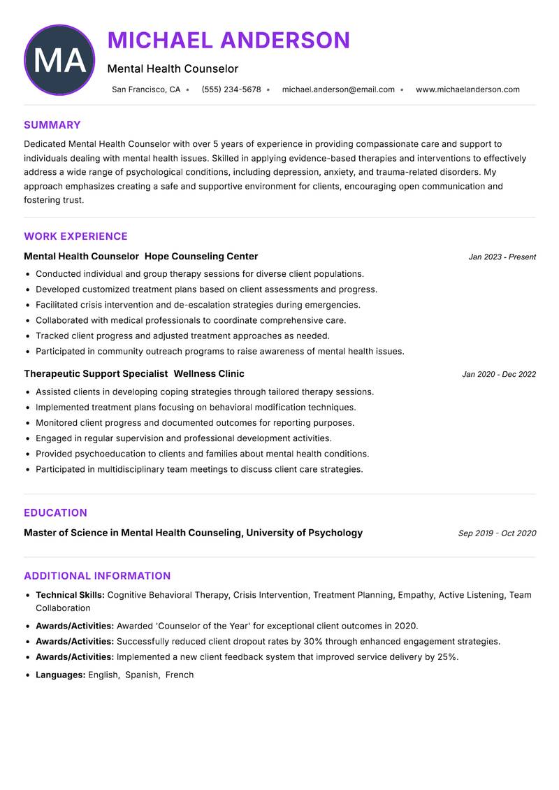 Mental Health Counselor Resume Preview Example