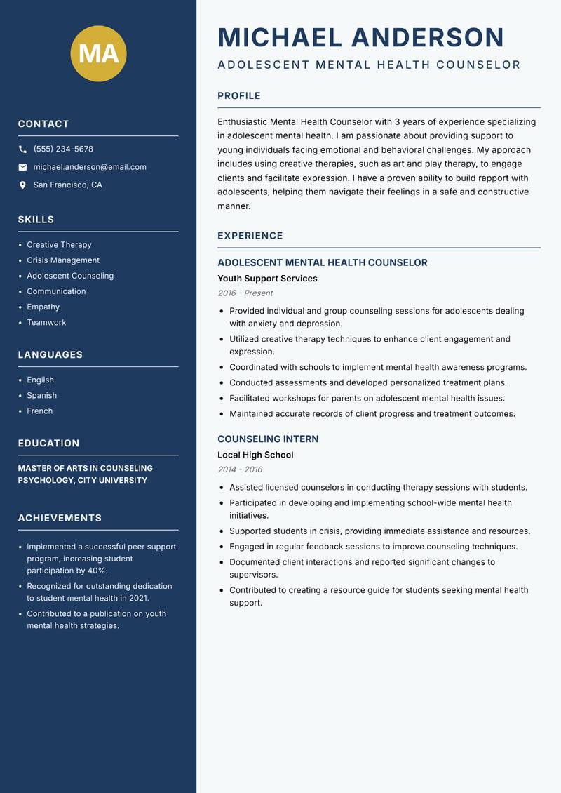 Mental Health Counselor Resume Preview Example