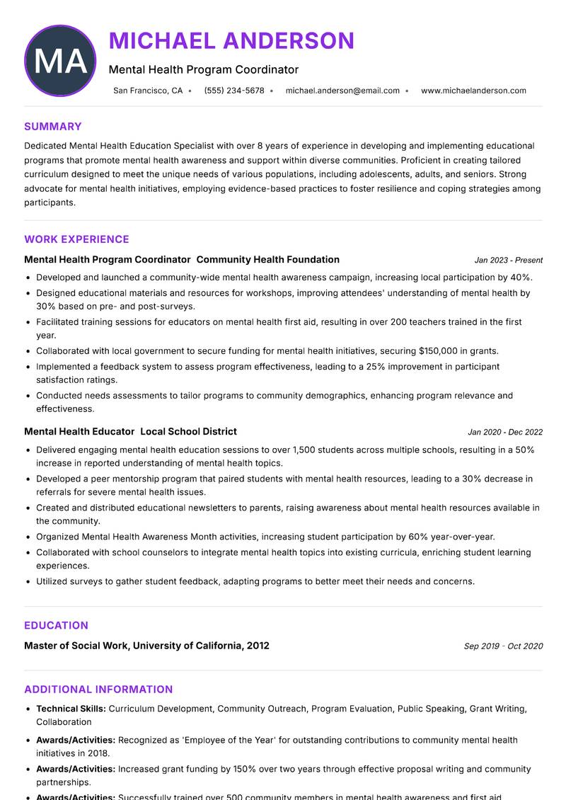 Mental Health Education Specialist Resume Preview Example