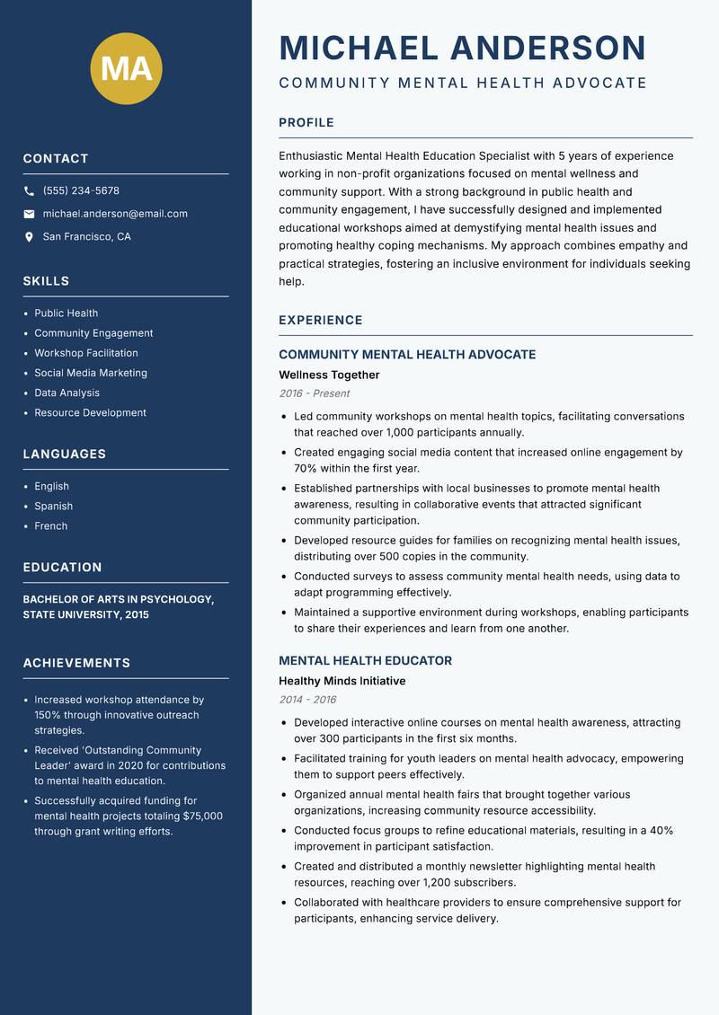 Mental Health Education Specialist Resume Preview Example