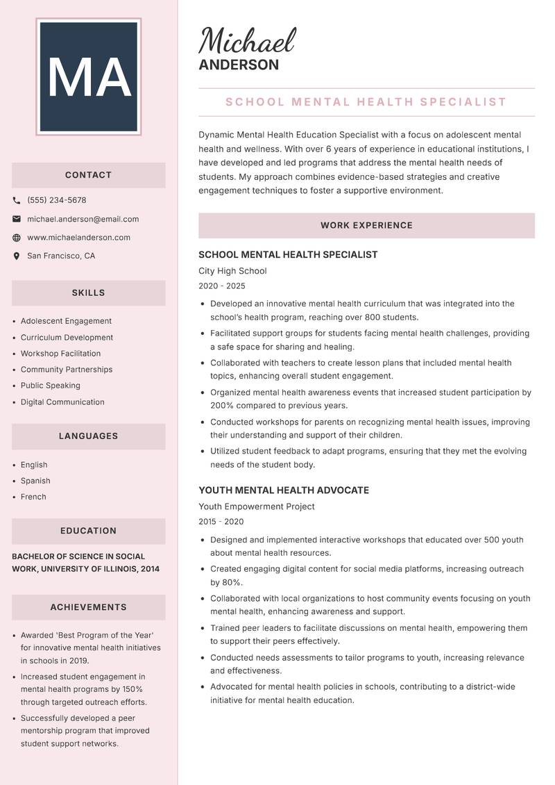 Mental Health Education Specialist Resume Preview Example