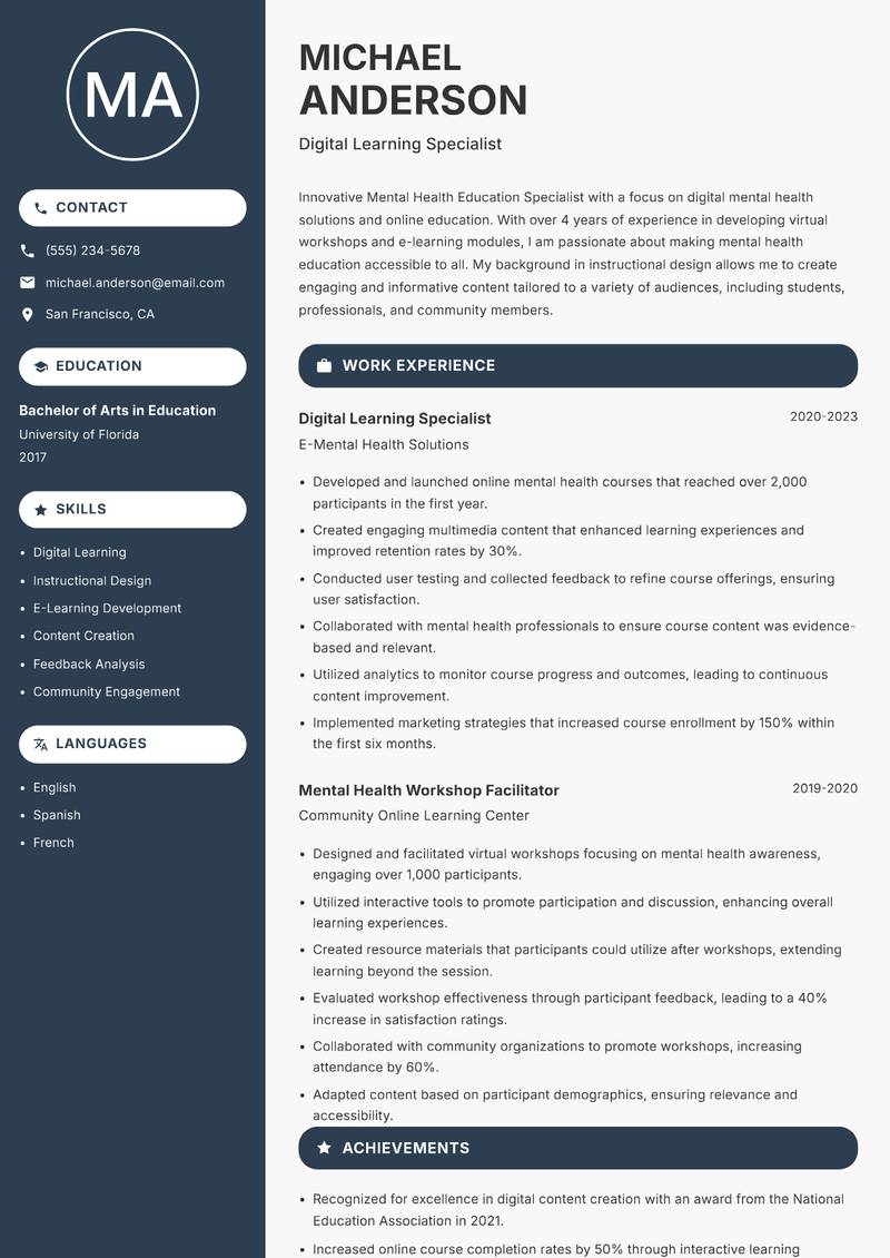 Mental Health Education Specialist Resume Preview Example