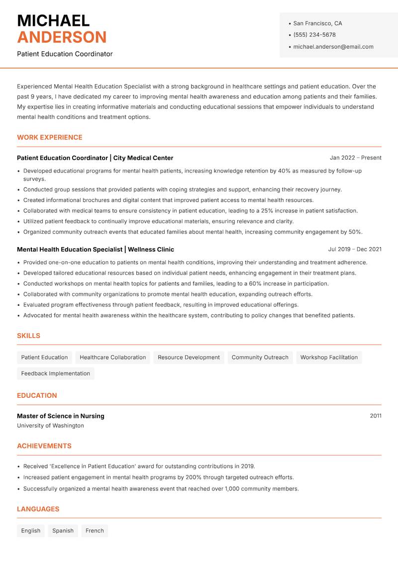 Mental Health Education Specialist Resume Template