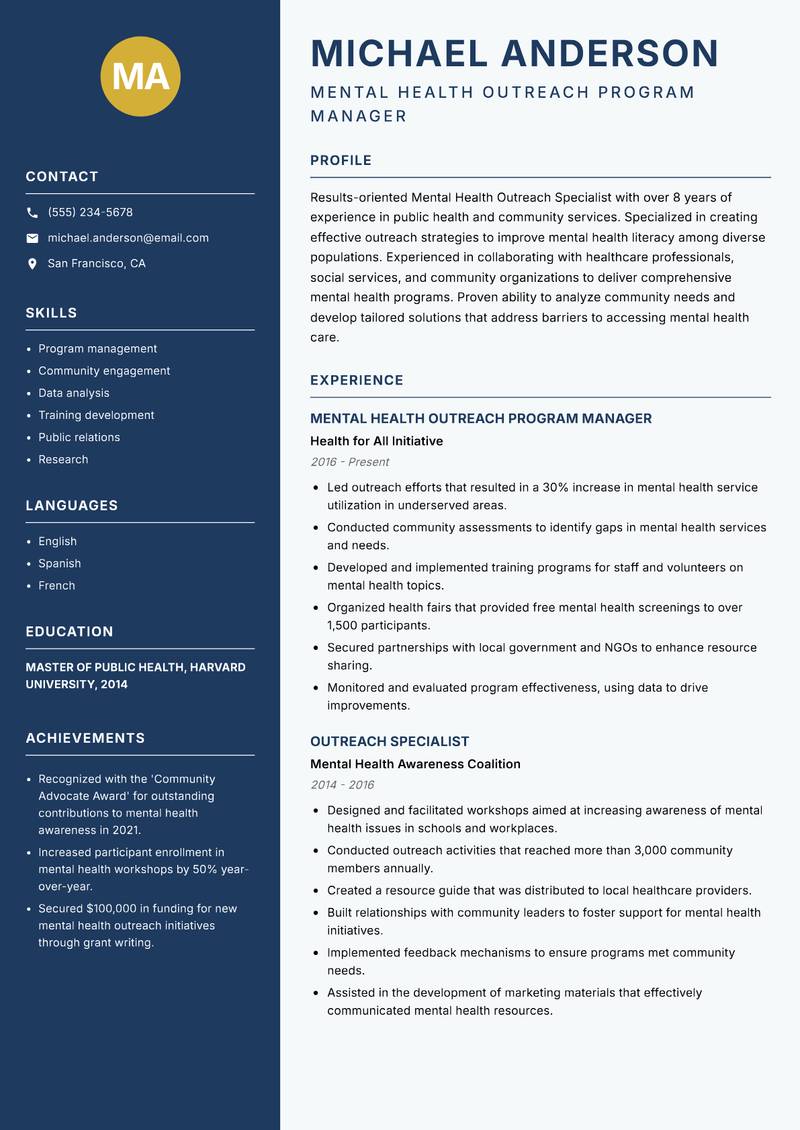 Mental Health Outreach Specialist Resume Preview Example