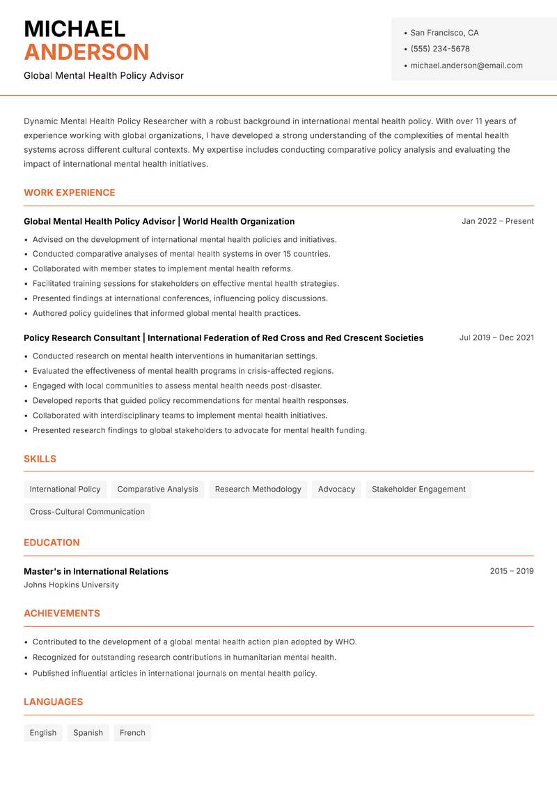 Mental Health Policy Researcher Resume Template
