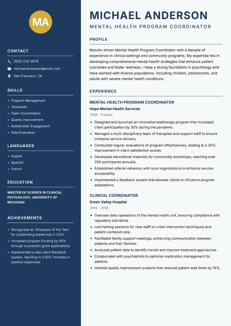 Mental Health Program Coordinator Resume Preview Example