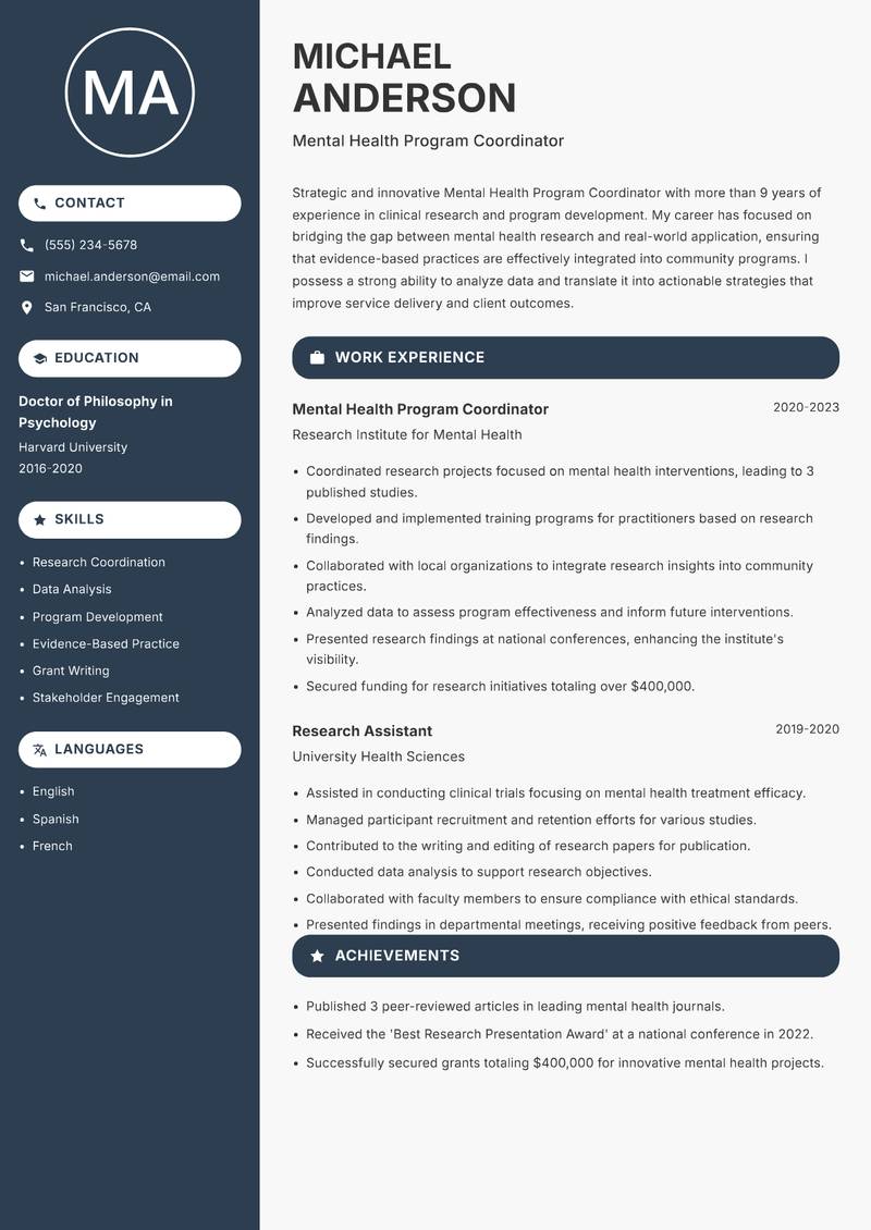 Mental Health Program Coordinator Resume Preview Example