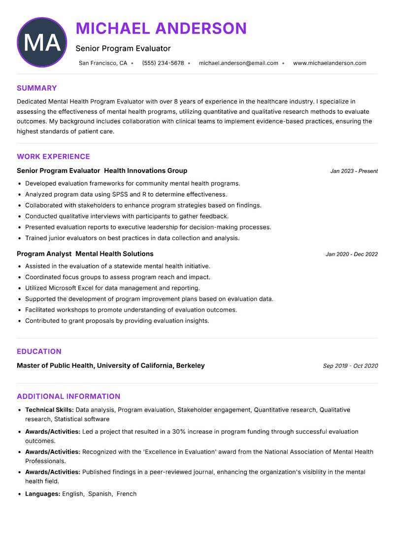Mental Health Program Evaluator Resume Preview Example