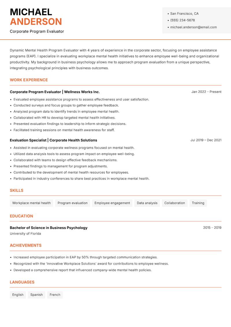 Mental Health Program Evaluator Resume Template
