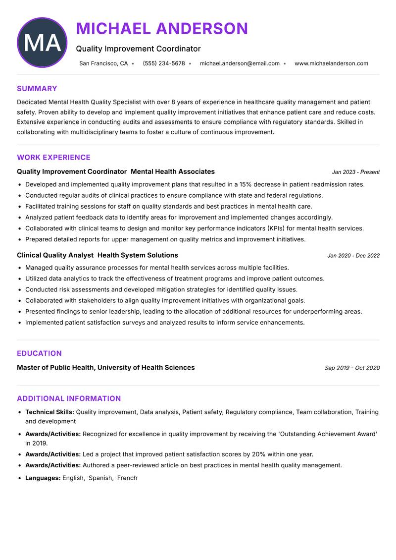 Mental Health Quality Specialist Resume Preview Example