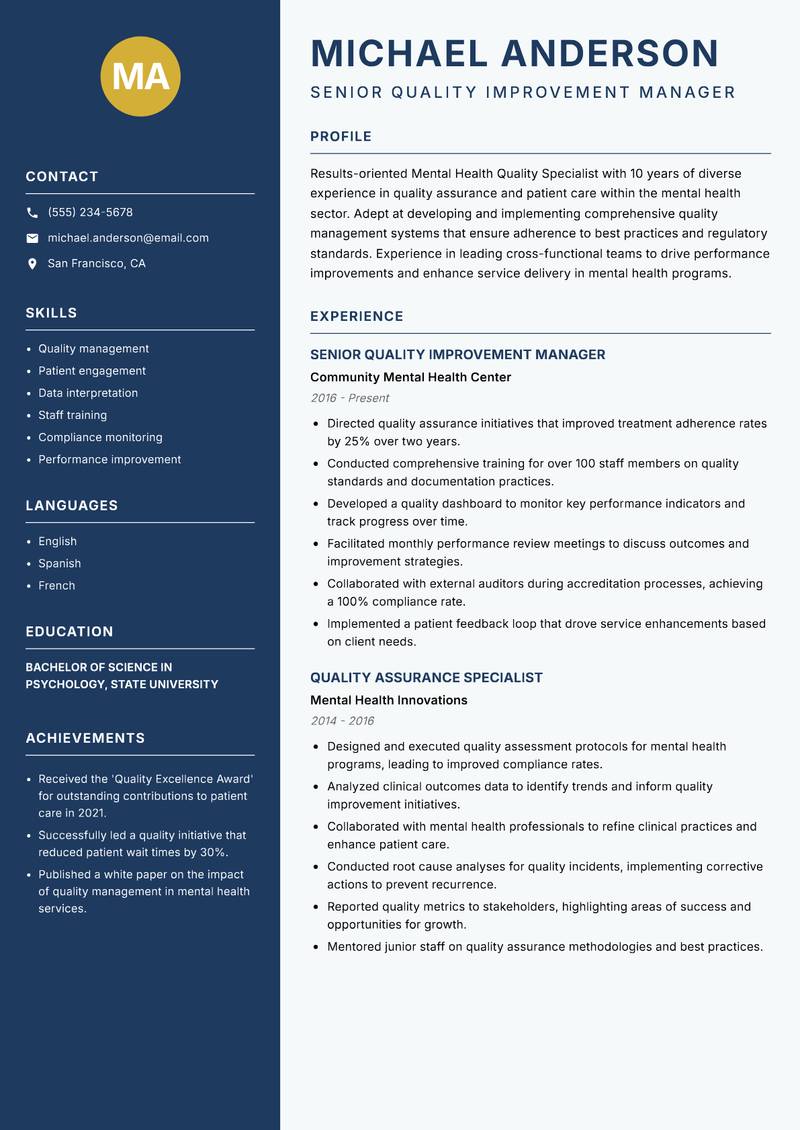 Mental Health Quality Specialist Resume Preview Example