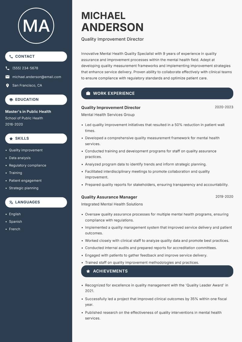 Mental Health Quality Specialist Resume Preview Example